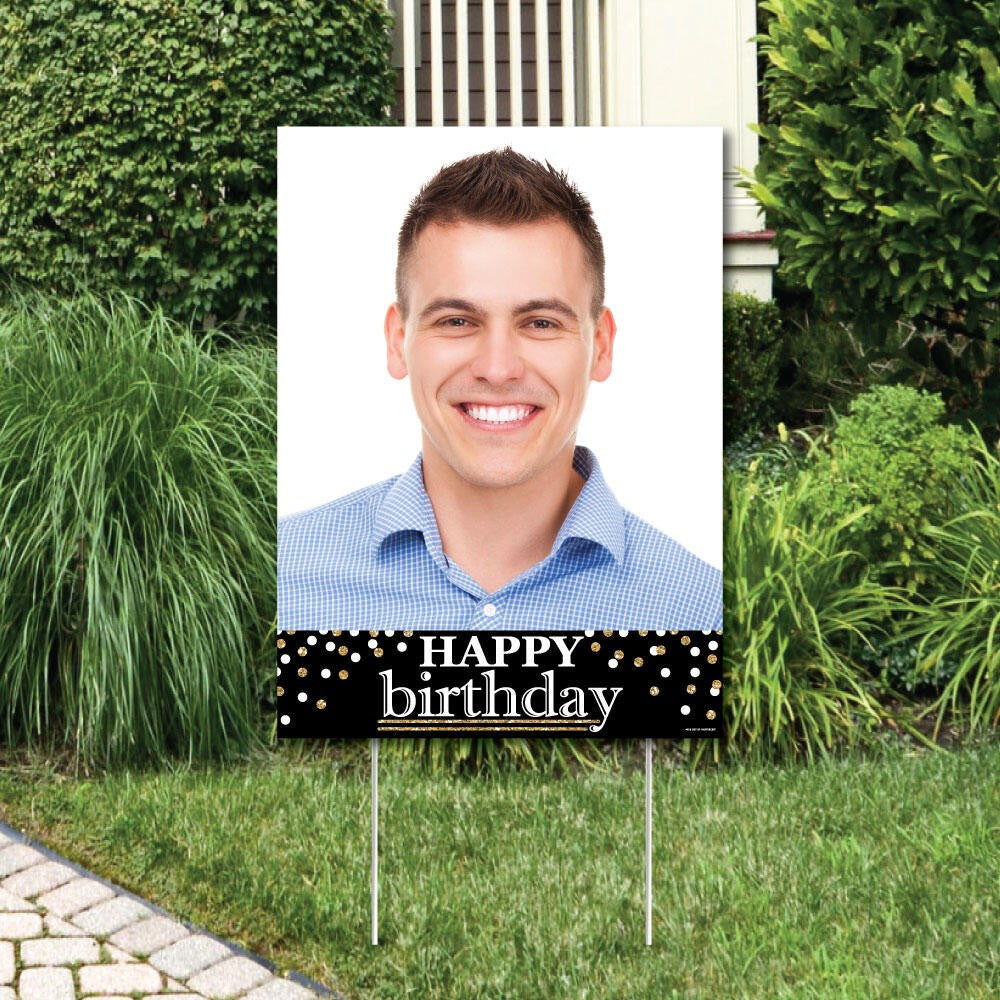 Adult Happy Birthday - Gold - Photo Yard Sign - Birthday Party Decorations