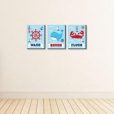 Lighthouse, Sailboat and Anchor - Nautical Kids Bathroom Rules Wall Art - 7.5 x 10 inches - Set of 3 Signs - Wash, Brush, Flush