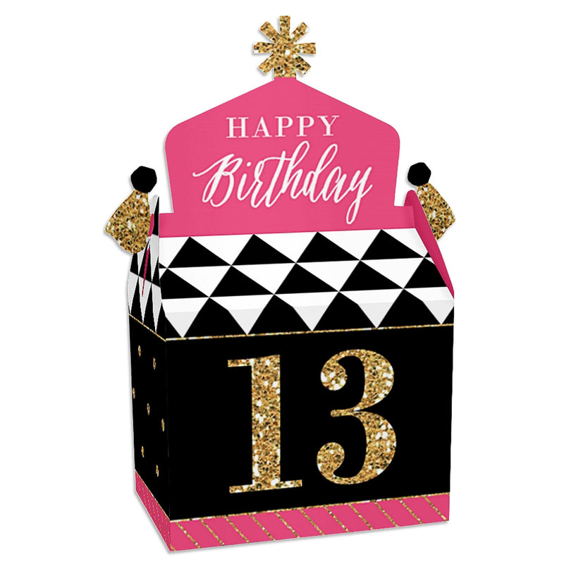 Chic 13th Birthday - Pink, Black and Gold - Treat Box Party Favors - Birthday Party Goodie Gable Boxes - Set of 12