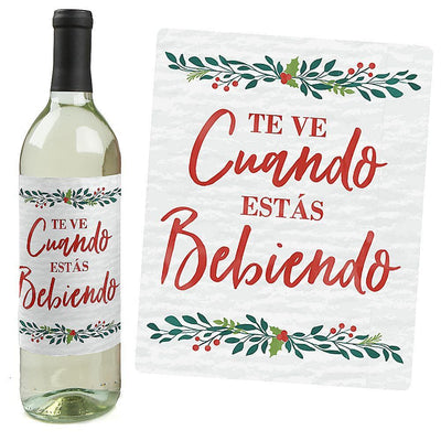 Feliz Navidad - Holiday and Spanish Christmas Party Decorations for Women and Men - Wine Bottle Label Stickers - Set of 4