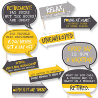 A set of printed photo booth props with humorous退休-related phrases printed on them, designed as conversation bubbles, in yellow, black, and white colors.