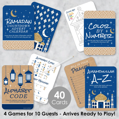 Ramadan - 4 Eid Mubarak Party Games - 10 Cards Each - Countdown Advent Calendar, Alhamdulillah A-Z, Alphabet Code and Color by Number - Gamerific Bundle