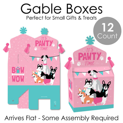 Pawty Like a Puppy Girl - Treat Box Party Favors - Pink Dog Baby Shower or Birthday Party Goodie Gable Boxes - Set of 12