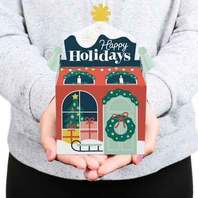 Christmas Village - Treat Box Party Favors - Holiday Winter Houses Goodie Gable Boxes - Set of 12