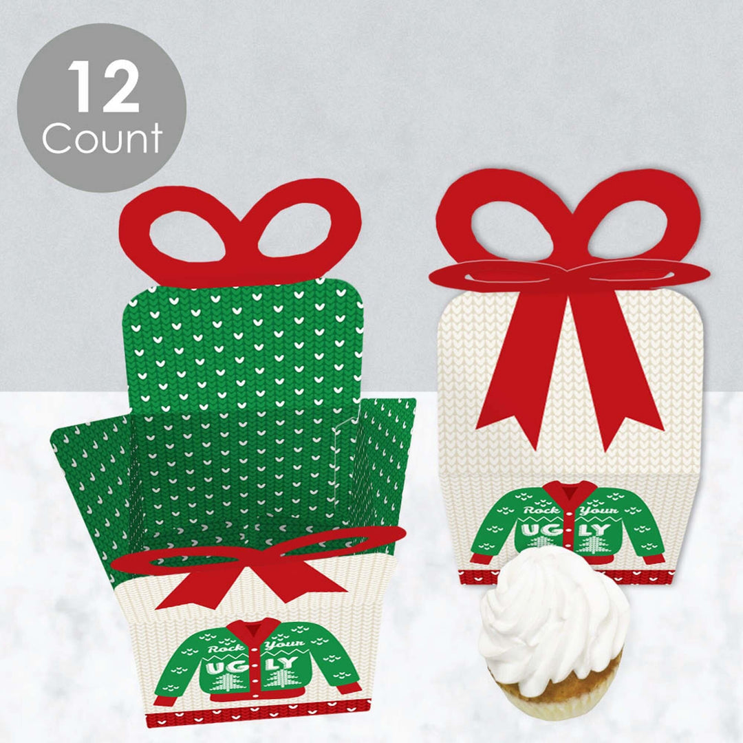 Ugly Sweater - Square Favor Gift Boxes - Holiday and Christmas Party Bow Boxes - Set of 12