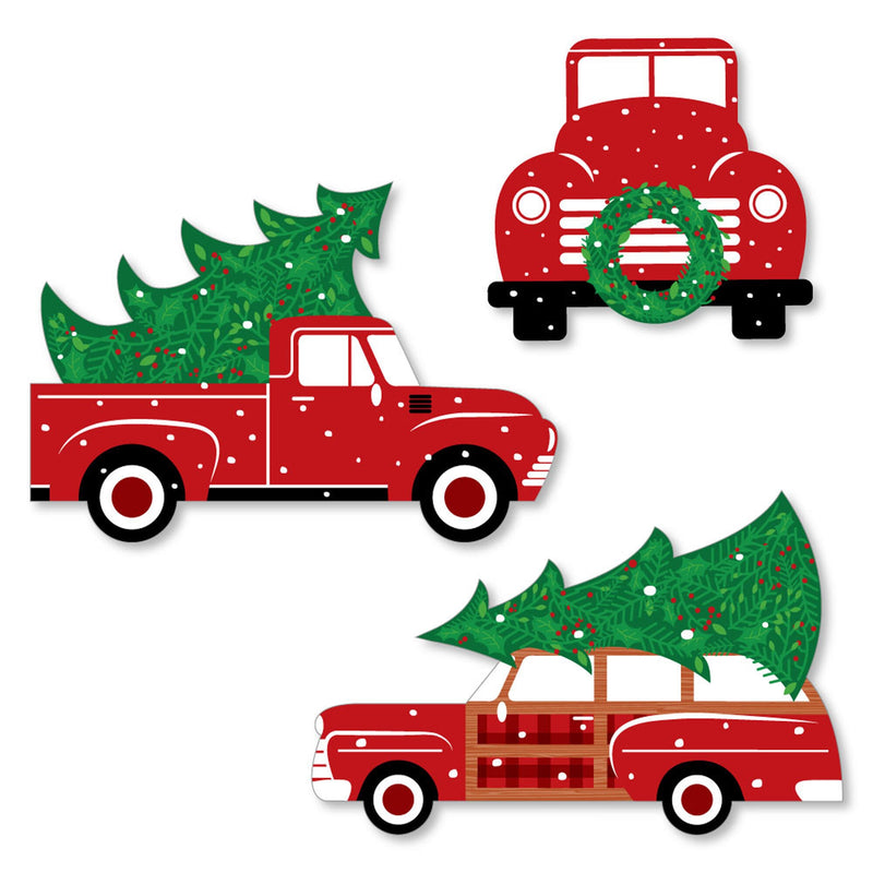 Merry Little Christmas Tree - DIY Shaped Red Truck and Car Christmas Party Paper Cut-Outs - 24 ct