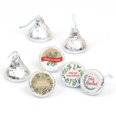 Feliz Navidad - Holiday and Spanish Christmas Party Round Candy Sticker Favors - Labels Fit Hershey's Kisses - 108 ct