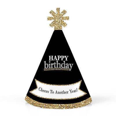Adult Happy Birthday - Gold - Mini Cone Birthday Party Hats - Small Little Party Hats - Set of 8