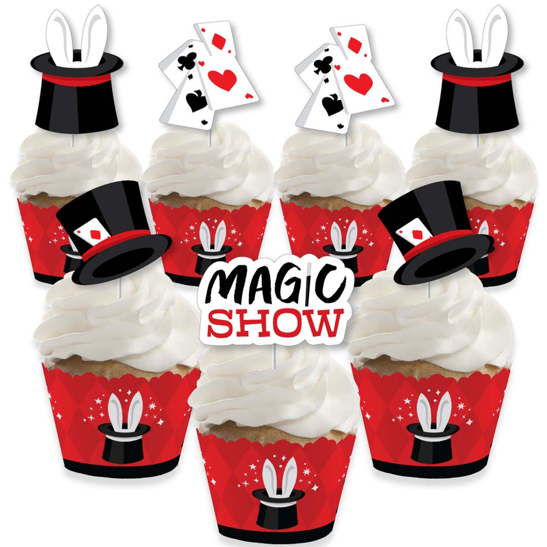 Cupcake decoration kit with red and black magic-themed wrappers and treat picks featuring rabbit ears and playing card suits.