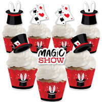 Cupcake decoration kit with red and black magic-themed wrappers and treat picks featuring rabbit ears and playing card suits.