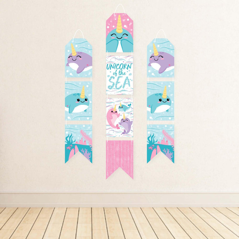 Narwhal Girl - Hanging Vertical Paper Door Banners - Under The Sea Baby Shower or Birthday Party Wall Decoration Kit - Indoor Door Decor