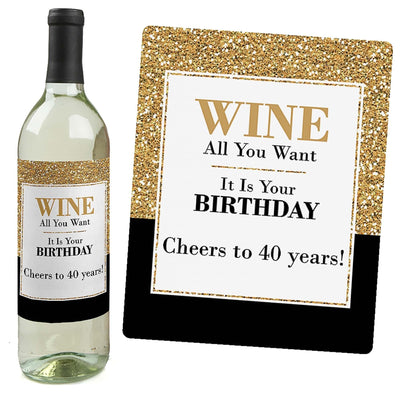 Adult 40th Birthday - Gold - Decorations for Women and Men - Wine Bottle Label Birthday Party Gift - Set of 4