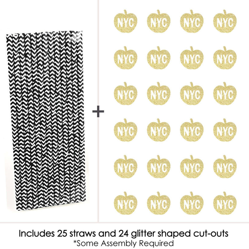 Gold Glitter NYC Apple Party Straws - No-Mess Real Gold Glitter Cut-Outs and Decorative New York City Party Paper Straws - Set of 24