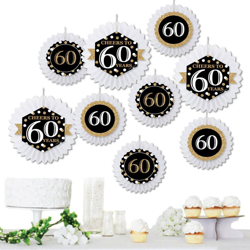 Adult 60th Birthday - Gold - Hanging Birthday Party Tissue Decoration Kit - Paper Fans - Set of 9