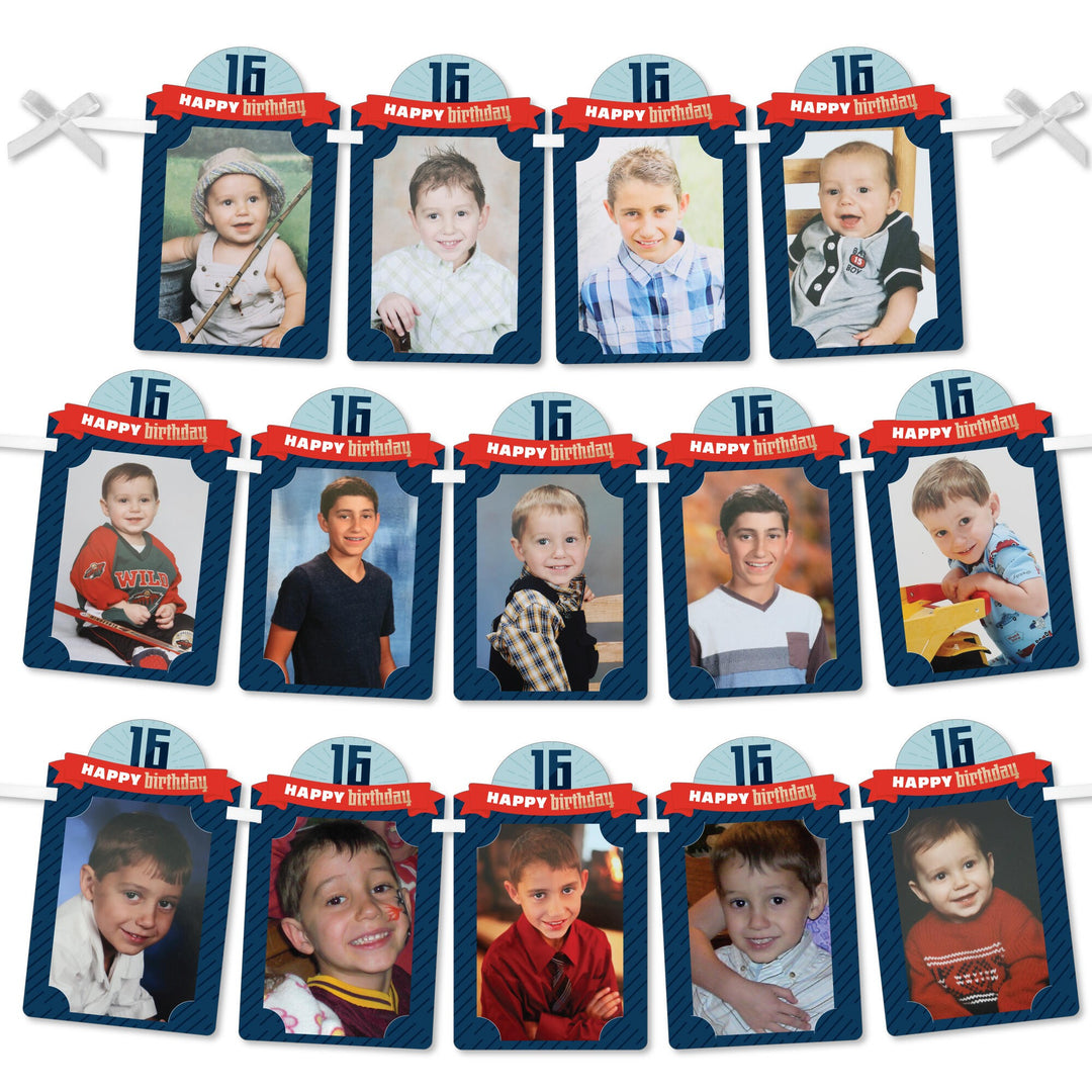 A collage of a boy's monthly photo banner for his 16th birthday, displaying various photos from when he was a baby until age 15, with each photo in a uniform blue frame with a number '16' and the text 'Happy Birthday'.