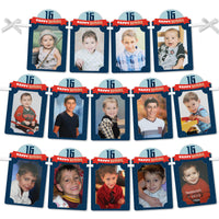 A collage of a boy's monthly photo banner for his 16th birthday, displaying various photos from when he was a baby until age 15, with each photo in a uniform blue frame with a number '16' and the text 'Happy Birthday'.