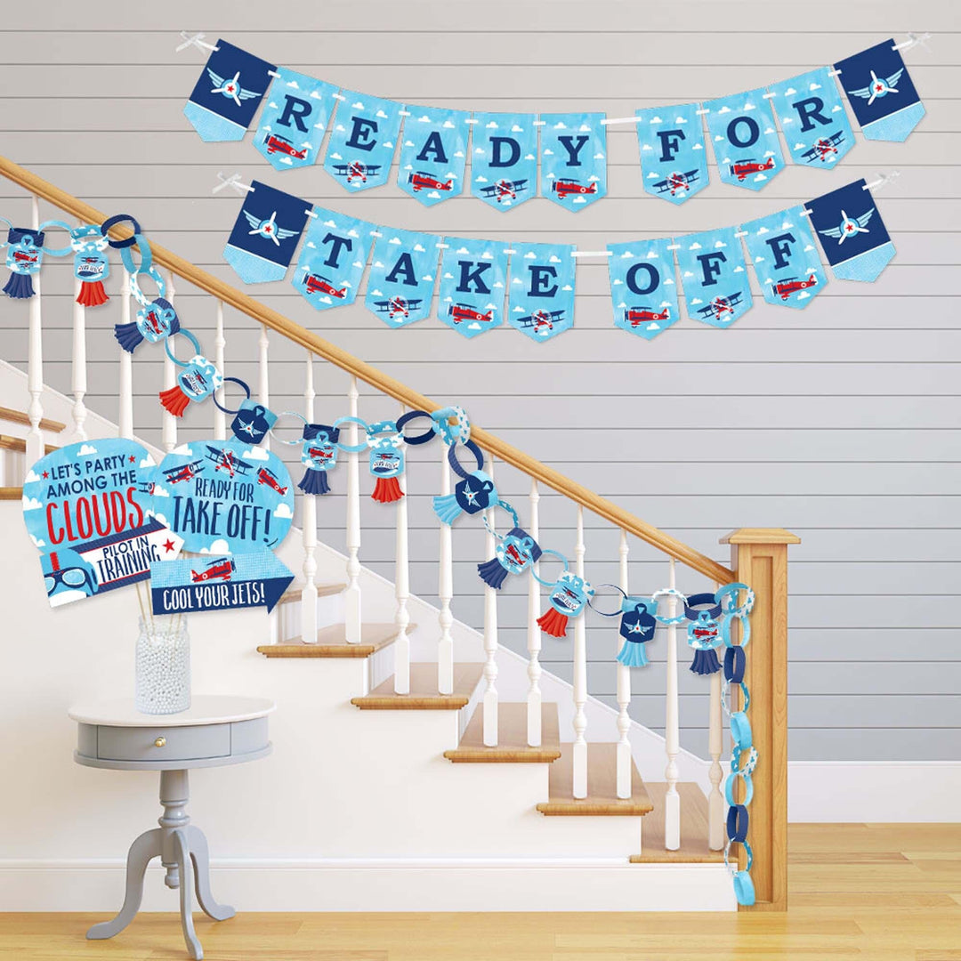 Taking Flight - Airplane - Banner and Photo Booth Decorations - Vintage Plane Baby Shower or Birthday Party Supplies Kit - Doterrific Bundle