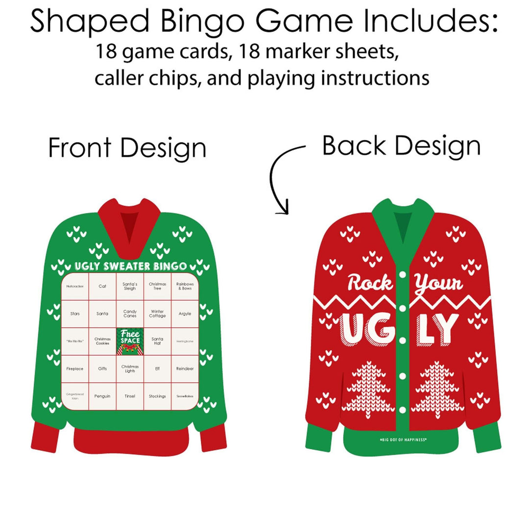 Ugly Sweater - Bar Bingo Cards and Markers - Holiday and Christmas Party Shaped Bingo Game - Set of 18