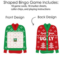 Ugly Sweater - Bar Bingo Cards and Markers - Holiday and Christmas Party Shaped Bingo Game - Set of 18