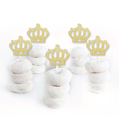 Gold Glitter Prince Crown - No-Mess Real Gold Glitter Dessert Cupcake Toppers - Royal Prince Charming Baby Shower or Birthday Party Clear Treat Picks - Set of 24