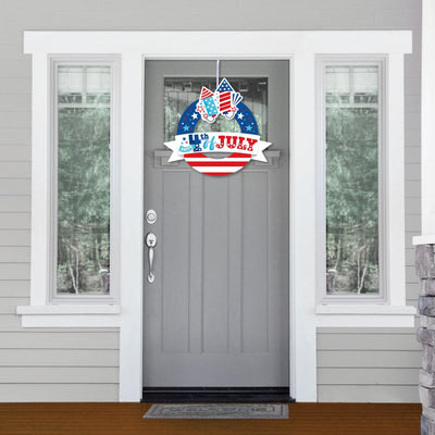 Firecracker 4th of July - Outdoor Red, White and Royal Blue Party Decor - Front Door Wreath