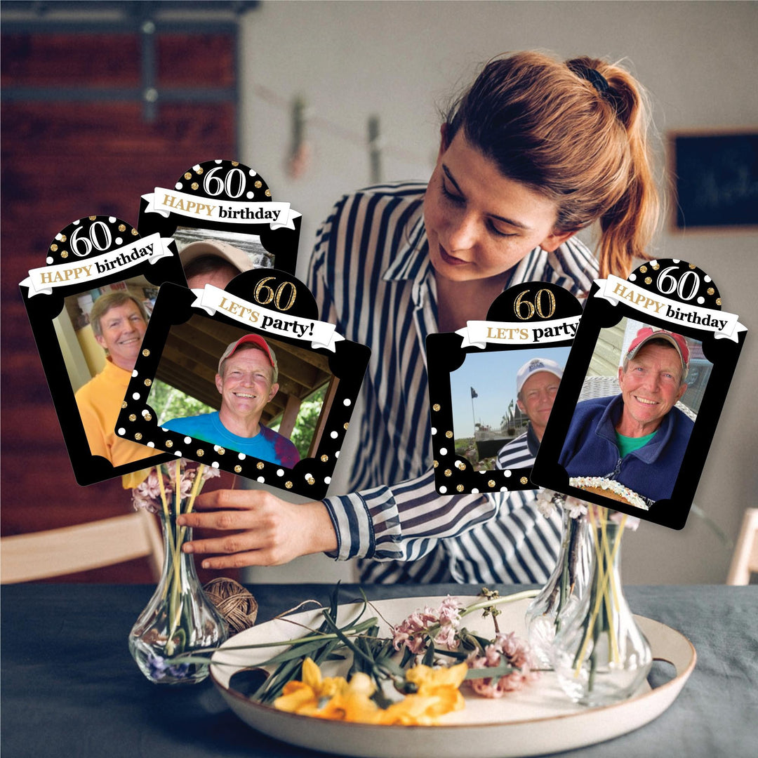 Adult 60th Birthday - Gold - Birthday Party Picture Centerpiece Sticks - Photo Table Toppers - 15 Pieces