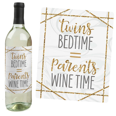 It's Twins - Gold Baby Shower Decorations for Women and Men - Wine Bottle Label Stickers - Set of 4