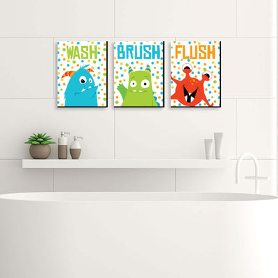 Monster Bash - Kids Bathroom Rules Wall Art - 7.5 x 10 inches - Set of 3 Signs - Wash, Brush, Flush