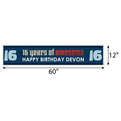 Boy 16th Birthday - Personalized Happy Birthday Sweet Sixteen Party Banner