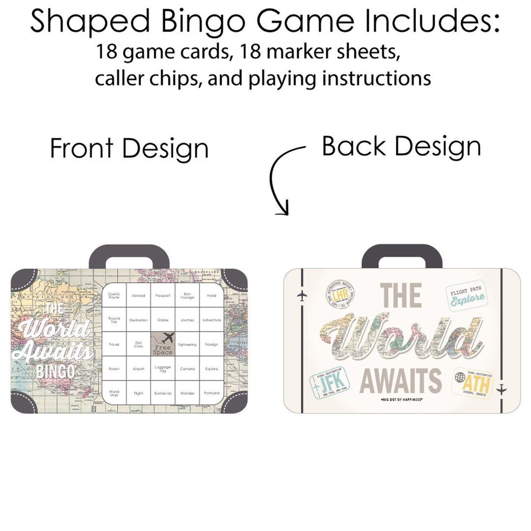 World Awaits - Bingo Cards and Markers - Travel Themed Party Shaped Bingo Game - Set of 18