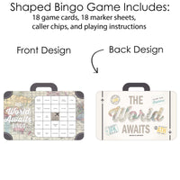 World Awaits - Bingo Cards and Markers - Travel Themed Party Shaped Bingo Game - Set of 18