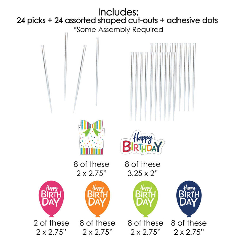 Cheerful Happy Birthday - Dessert Cupcake Toppers - Colorful Birthday Party Clear Treat Picks - Set of 24