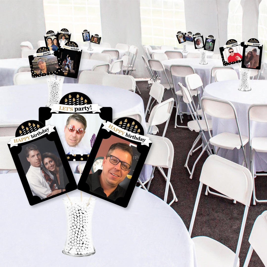Adult Happy Birthday - Gold - Birthday Party Picture Centerpiece Sticks - Photo Table Toppers - 15 Pieces
