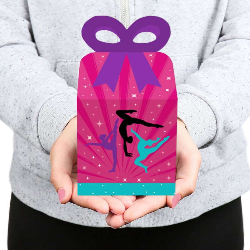 Tumble, Flip & Twirl - Gymnastics - Square Favor Gift Boxes - Birthday Party or Gymnast Party Bow Boxes - Set of 12