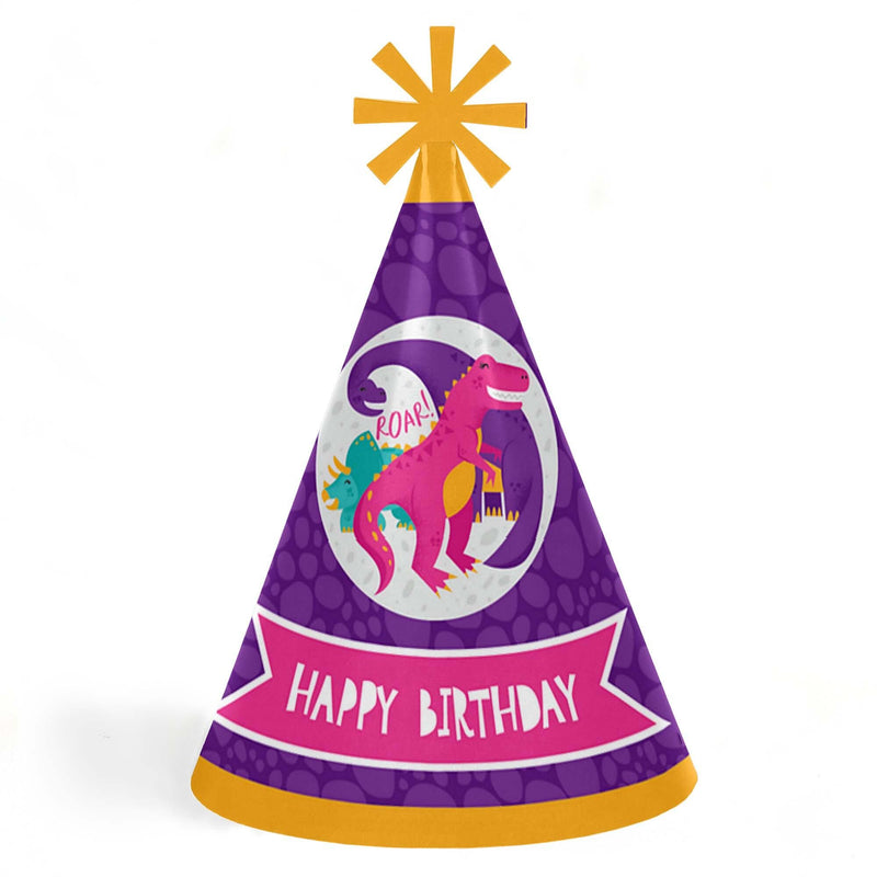 Roar Dinosaur Girl - Cone Happy Birthday Party Hats for Kids and Adults - Set of 8 (Standard Size)