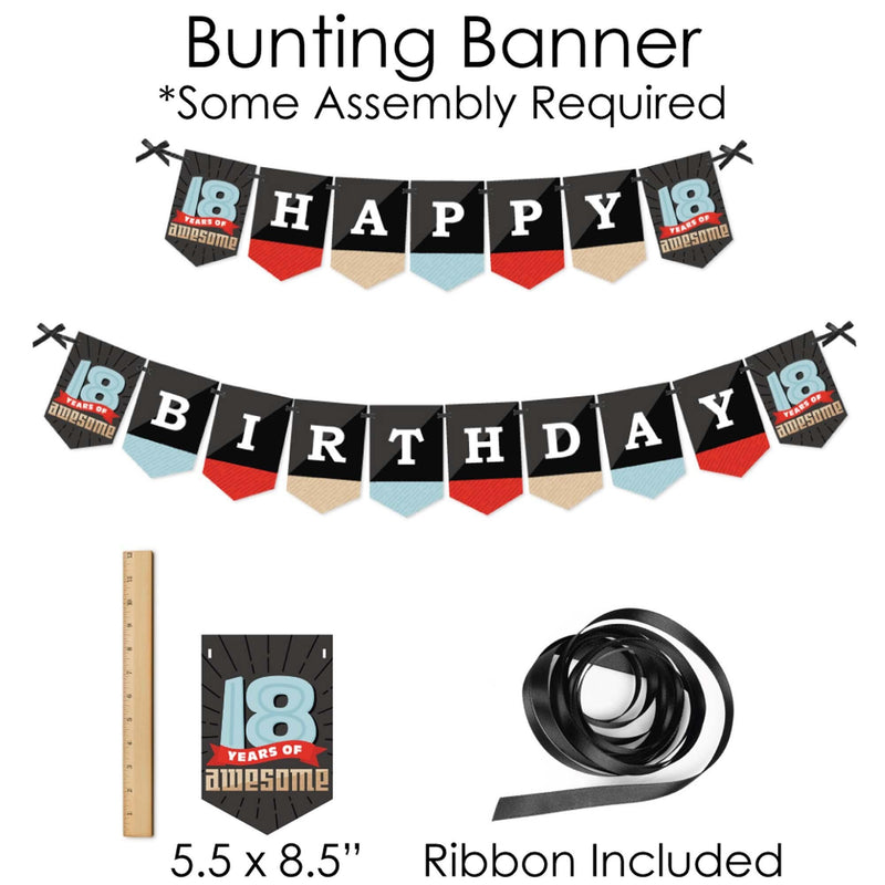 Boy 18th Birthday - Banner and Photo Booth Decorations - Eighteenth Birthday Party Supplies Kit - Doterrific Bundle
