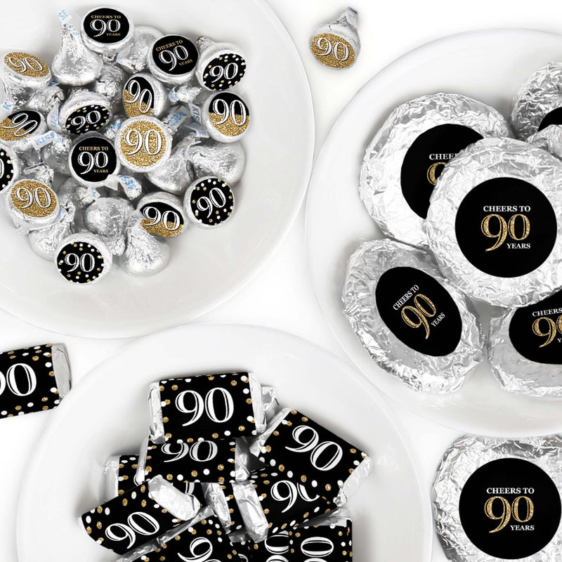 Adult 90th Birthday - Gold - Mini Candy Bar Wrappers, Round Candy Stickers and Circle Stickers - Birthday Party Candy Favor Sticker Kit - 304 Pieces