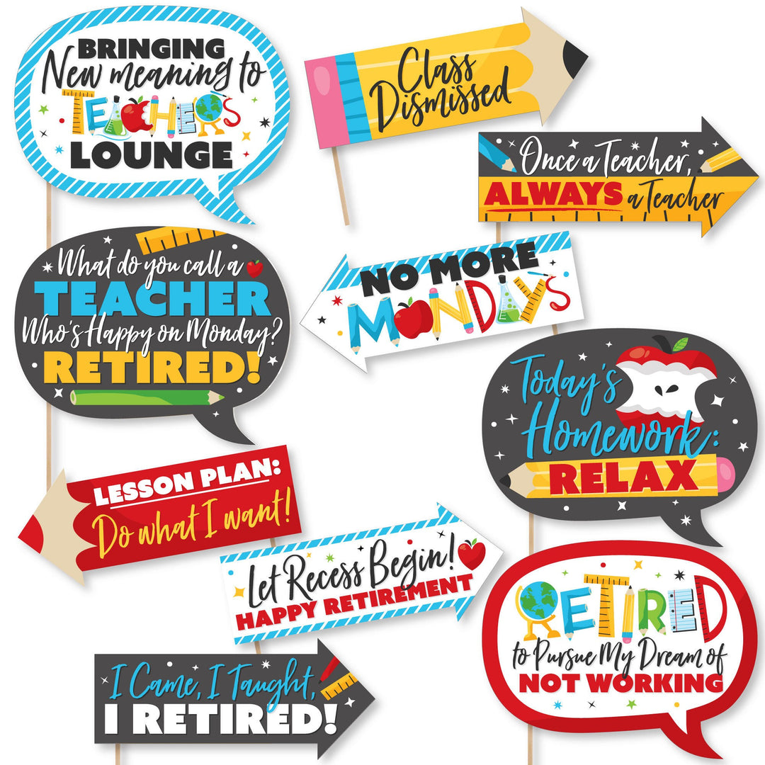 A collection of colorful printed photo booth props with various humorous teacher retirement-themed phrases.