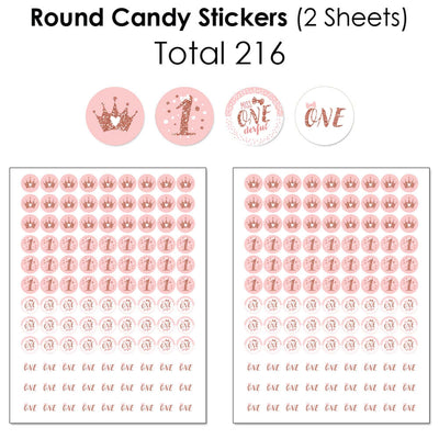 1st Birthday Little Miss Onederful - Mini Candy Bar Wrappers, Round Candy Stickers and Circle Stickers - Girl First Birthday Party Candy Favor Sticker Kit - 304 Pieces