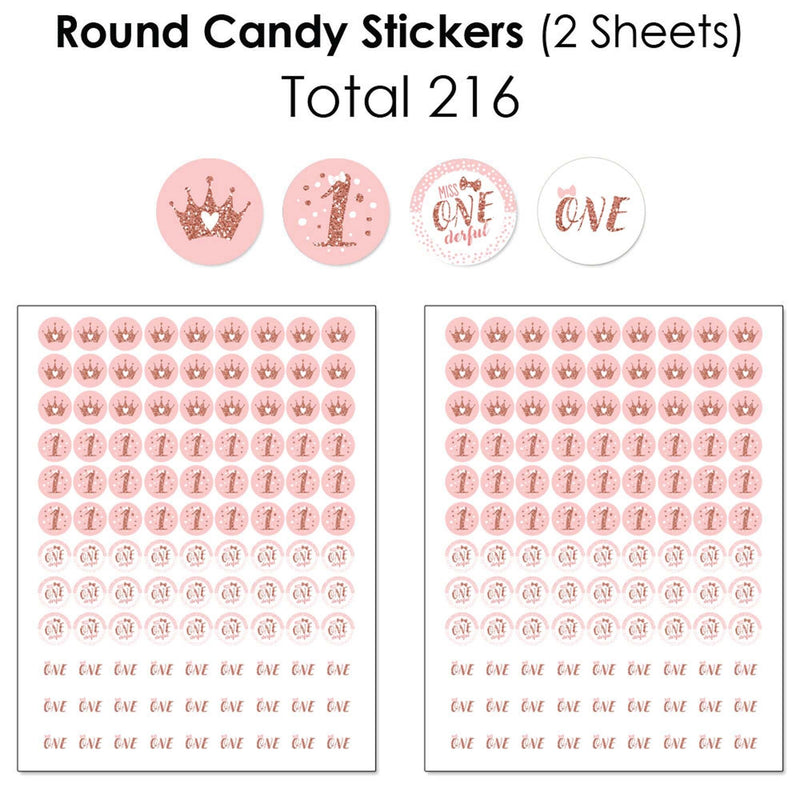 1st Birthday Little Miss Onederful - Mini Candy Bar Wrappers, Round Candy Stickers and Circle Stickers - Girl First Birthday Party Candy Favor Sticker Kit - 304 Pieces