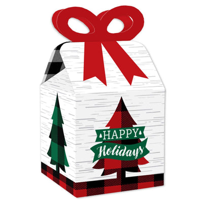 Holiday Plaid Trees - Square Favor Gift Boxes - Buffalo Plaid Christmas Party Bow Boxes - Set of 12