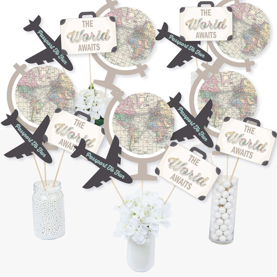 World Awaits - Travel Themed Party Centerpiece Sticks - Table Toppers - Set of 15
