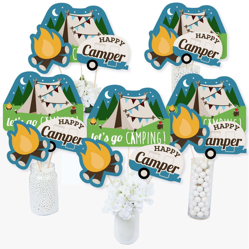 Happy Camper - Camping Baby Shower or Birthday Party Centerpiece Sticks - Table Toppers - Set of 15
