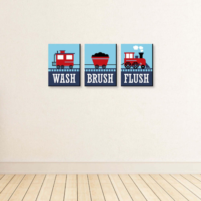 Railroad Party Crossing - Steam Train - Kids Bathroom Rules Wall Art - 7.5 x 10 inches - Set of 3 Signs - Wash, Brush, Flush