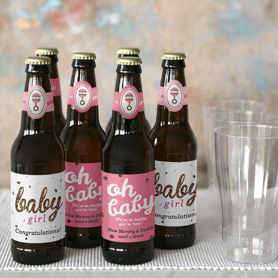 Hello Little One - Pink and Gold - Decorations for Women and Men - 6 Beer Bottle Labels and 1 Carrier - Girl Baby Gift