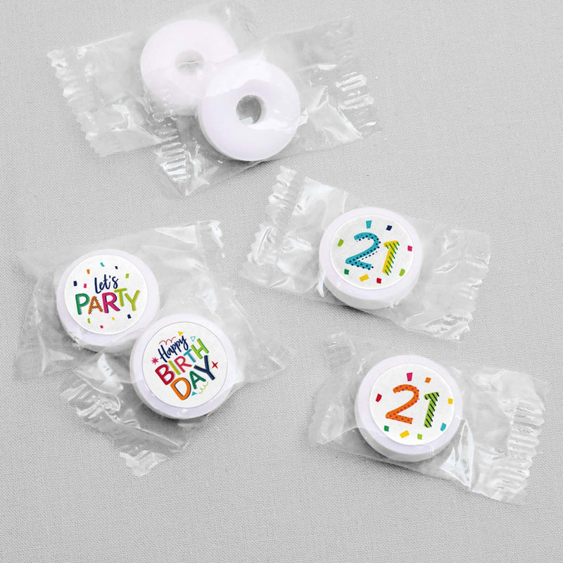 21st Birthday - Cheerful Happy Birthday - Round Candy Labels Colorful Twenty-First Birthday Party Favors - Fits Hershey&