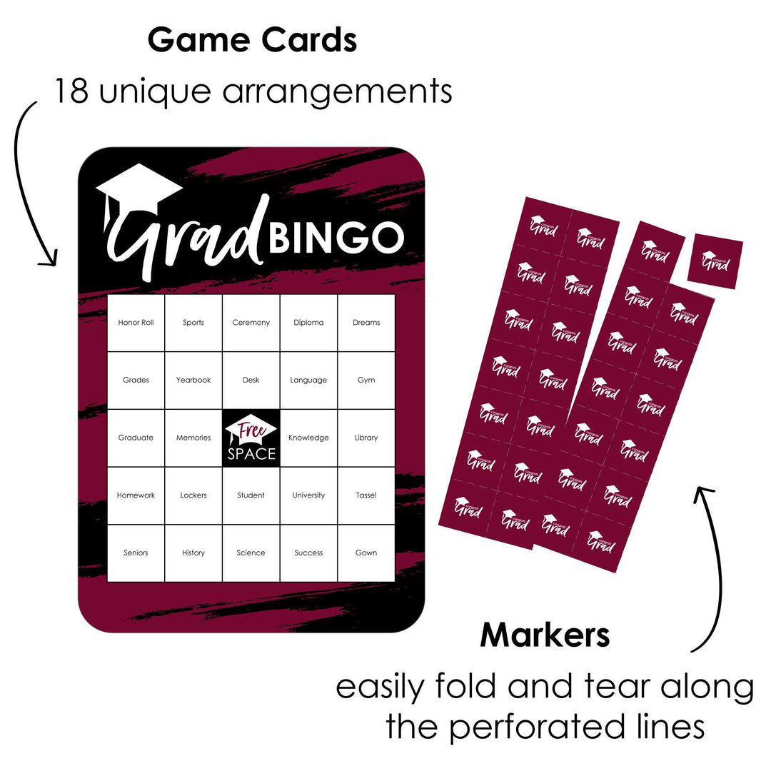 Maroon Grad - Best is Yet to Come - Bingo Cards and Markers - Burgundy Graduation Party Shaped Bingo Game - Set of 18