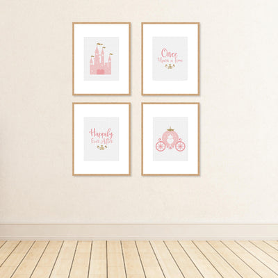 Little Princess Crown - Unframed Pink and Gold Castle Nursery and Kids Room Linen Paper Wall Art - Set of 4 - Artisms - 8 x 10 inches