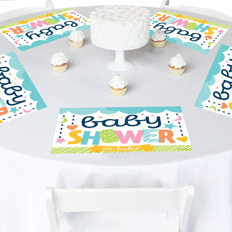 Colorful Baby Shower - Paper Gender Neutral Party Coloring Sheets - Activity Placemats - Set of 16