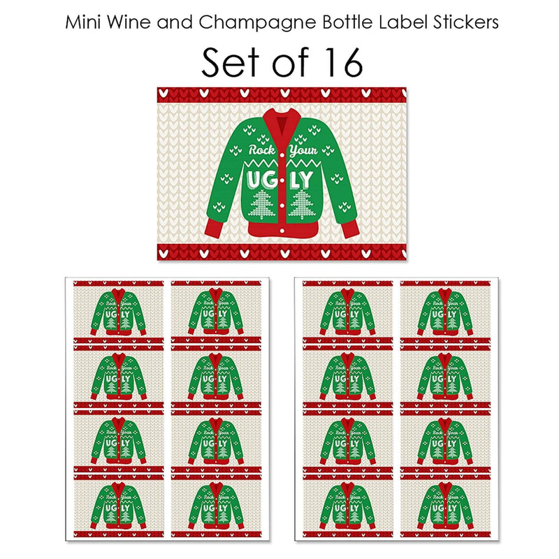 Ugly Sweater - Mini Wine and Champagne Bottle Label Stickers - Holiday & Christmas Party Favor Gift - For Women and Men - Set of 16